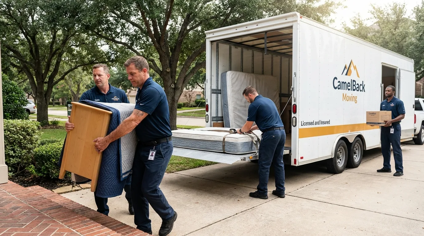 Crew loading residential truck for cross-state move from Monticello, AR