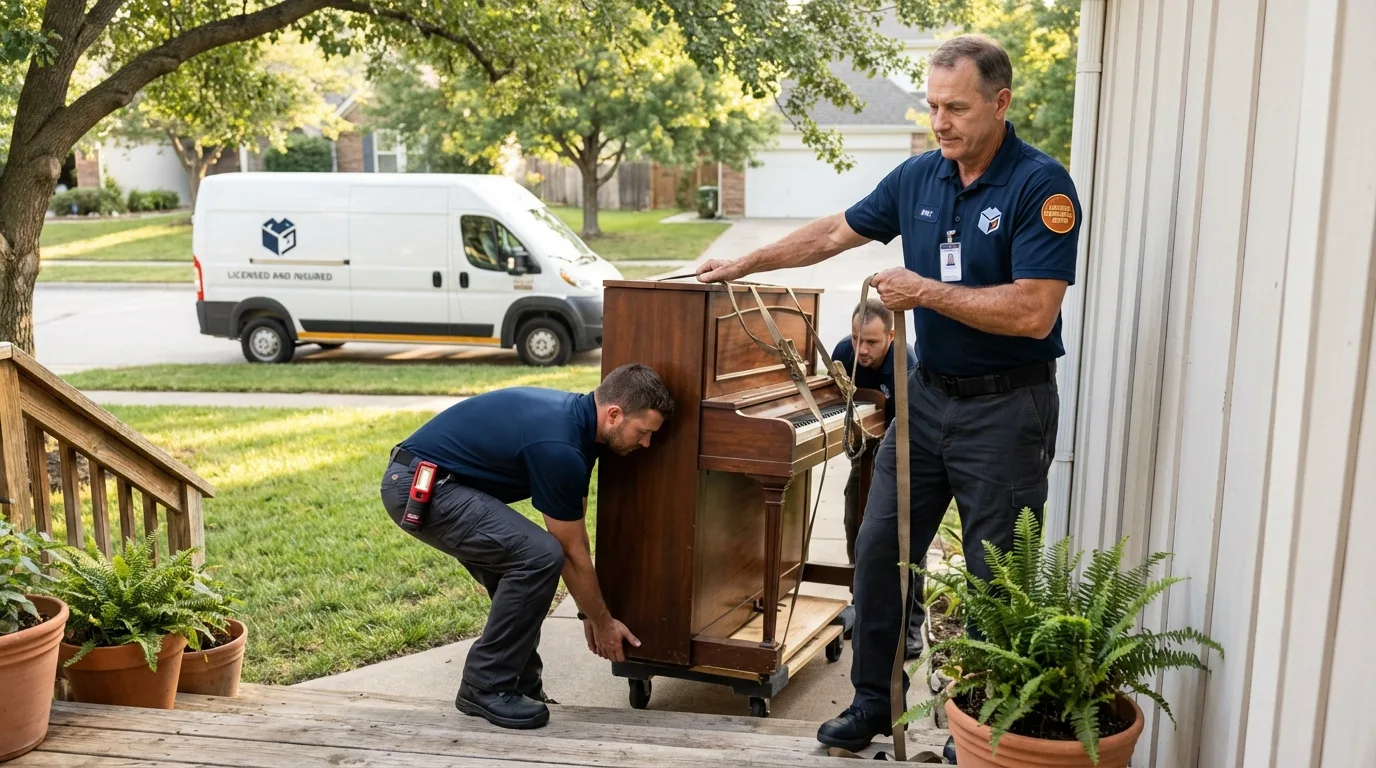 Licensed piano movers securing grand piano in Monticello, AR