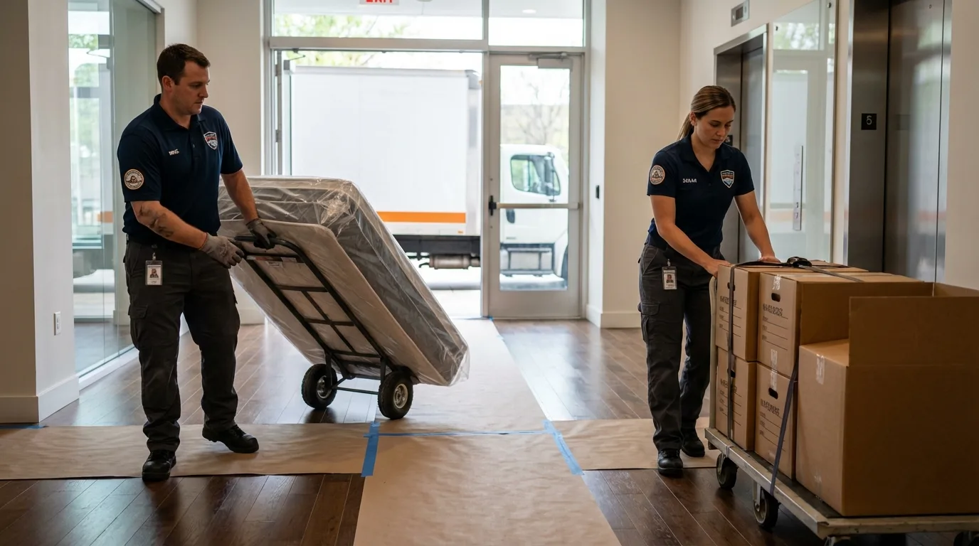 Professional apartment movers loading elevator in Monticello, AR