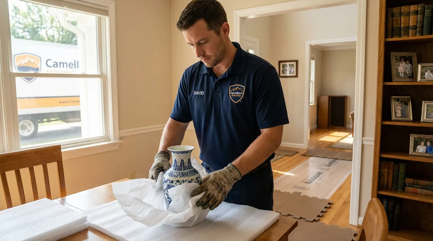 Professional crew carefully wrapping antique vase for senior downsizing move in Monticello, AR